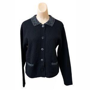 Herman Geist Small Black Cardigan Wool Blend Pockets Collar Work Designer
